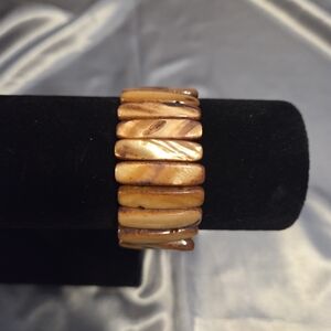 Vintage Tribal Style Wide Golden Mother Of Pearl Bead Stretch Cuff Bracelet